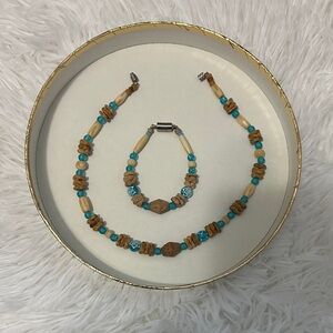 Turquoise and Brown Beaded Necklace and Bracelet Set